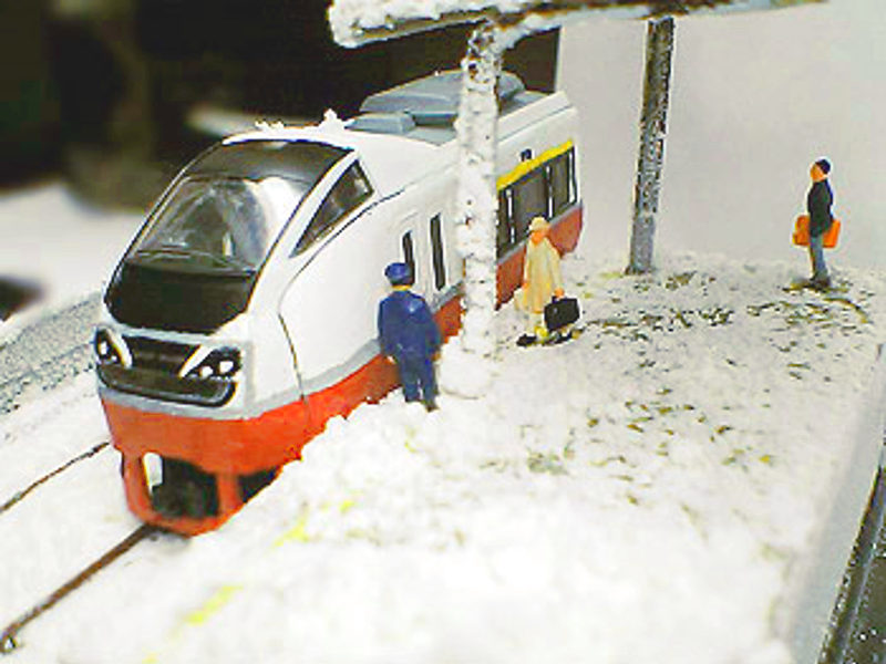 雪を踏みながら特急に乗り込む乗客